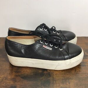 Superga Womens Black Leather Platform Shoes Tennis Sneakers 38 US 7.5 Y2K